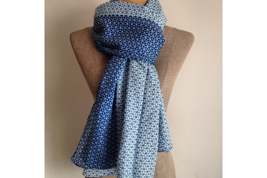 Écharpe coton rayée bleu et blanc